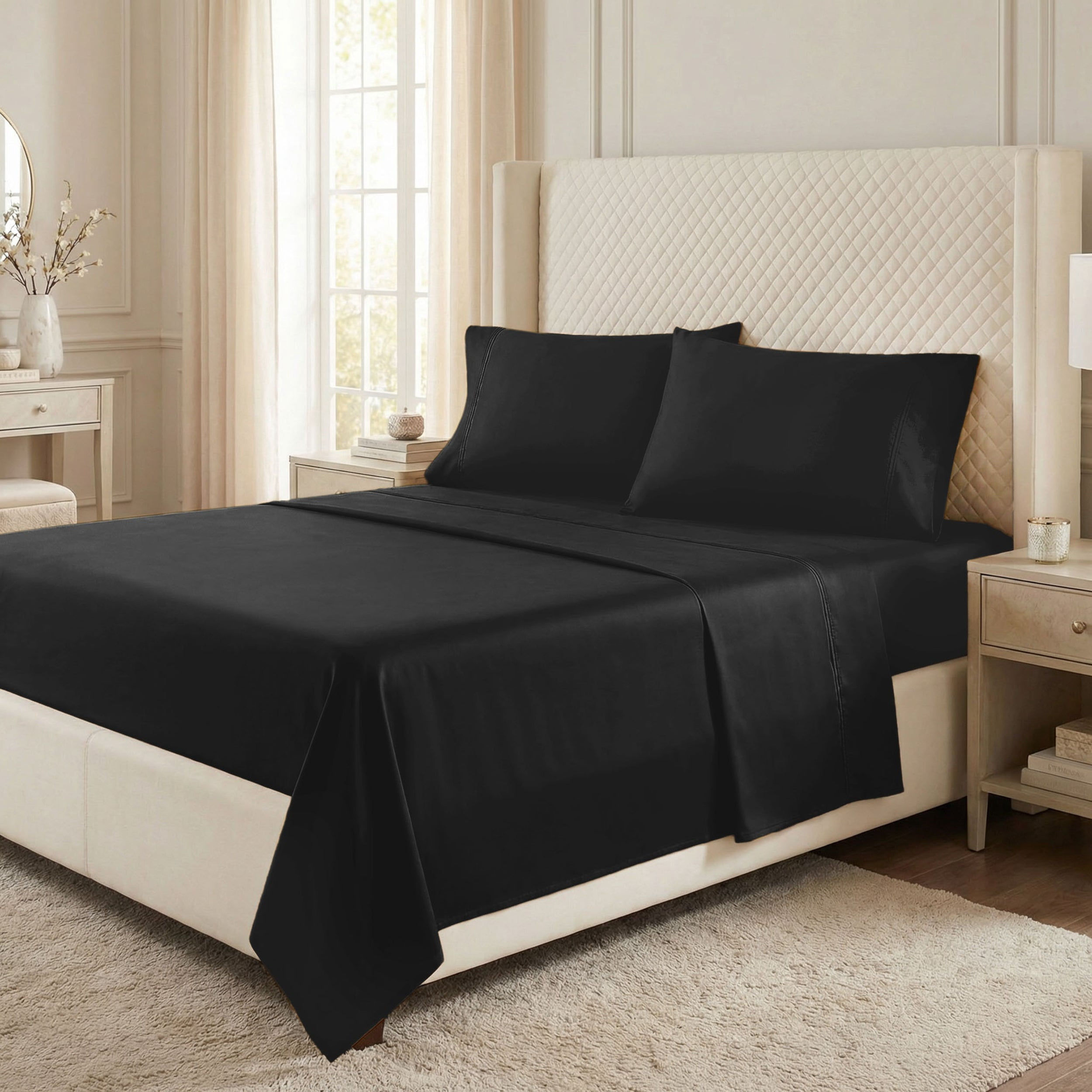 Superior Egyptian Cotton 530 Thread Count Deep Pocket Sheet Set, Twin XL Size, Black