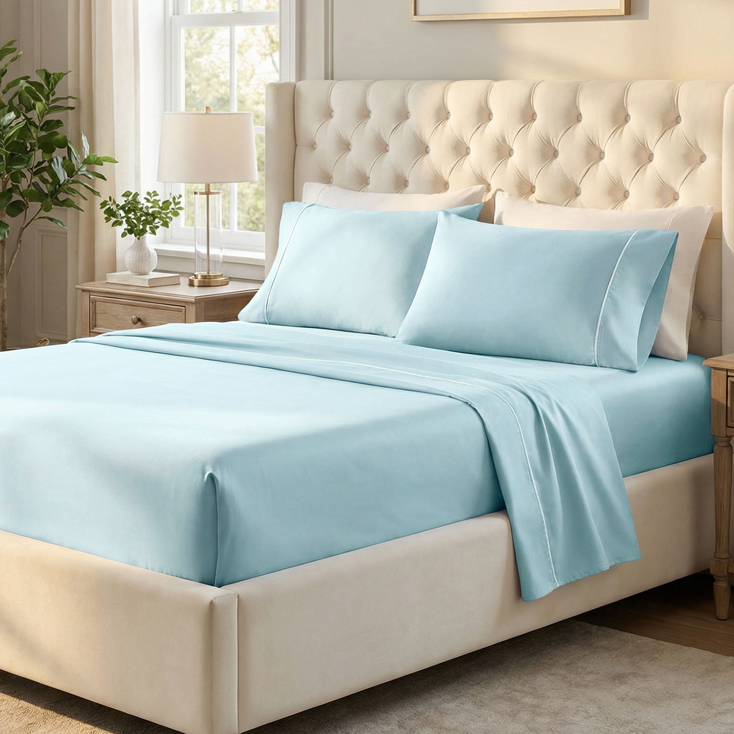 Superior Egyptian Cotton Embroidered 650 TC Deep Pocket Sheet Set, King, Baby Blue