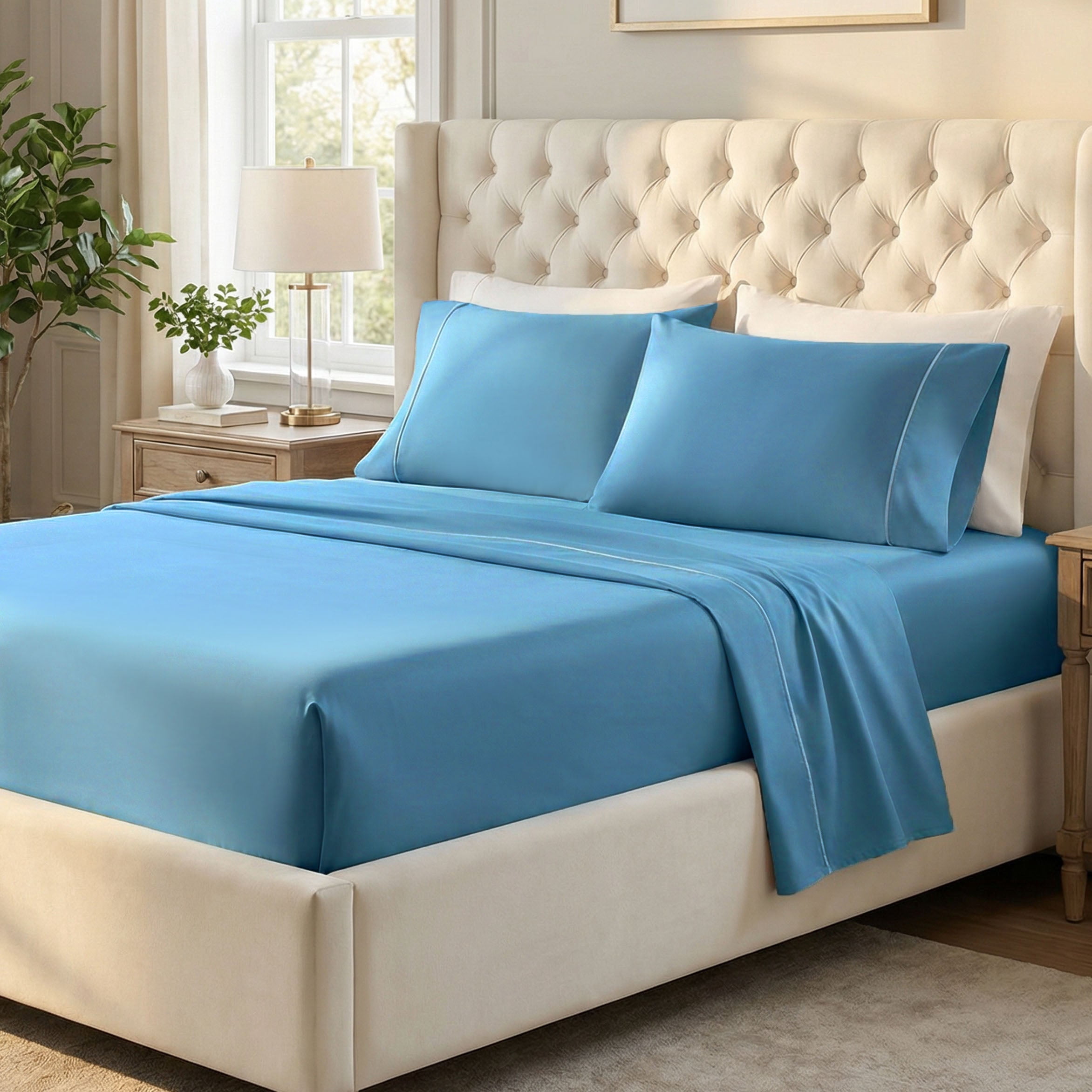 Superior Egyptian Cotton Embroidered 650 TC Deep Pocket Sheet Set, Queen, Medium Blue