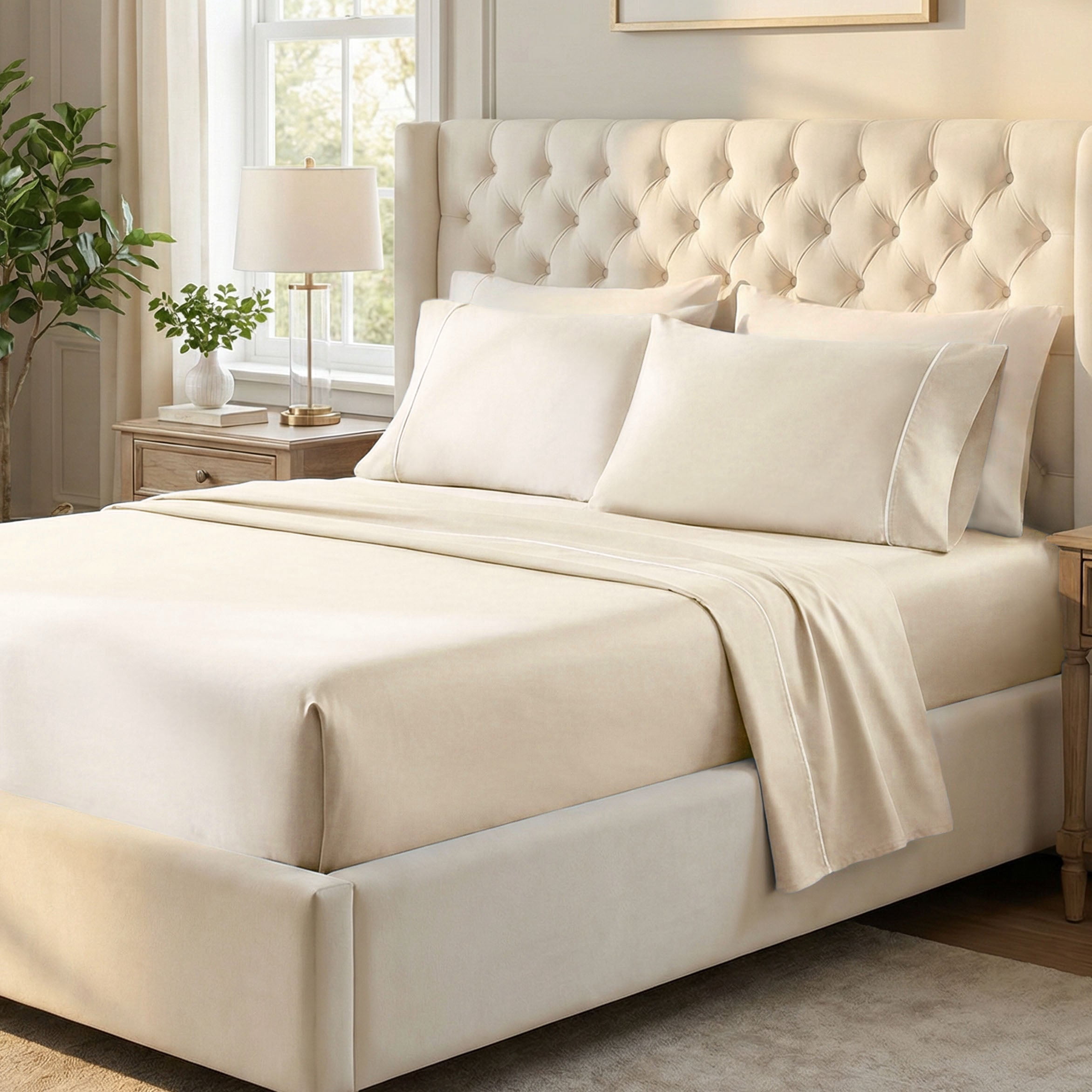 Superior Egyptian Cotton Embroidered 650 TC Deep Pocket Sheet Set, Split King, Ivory