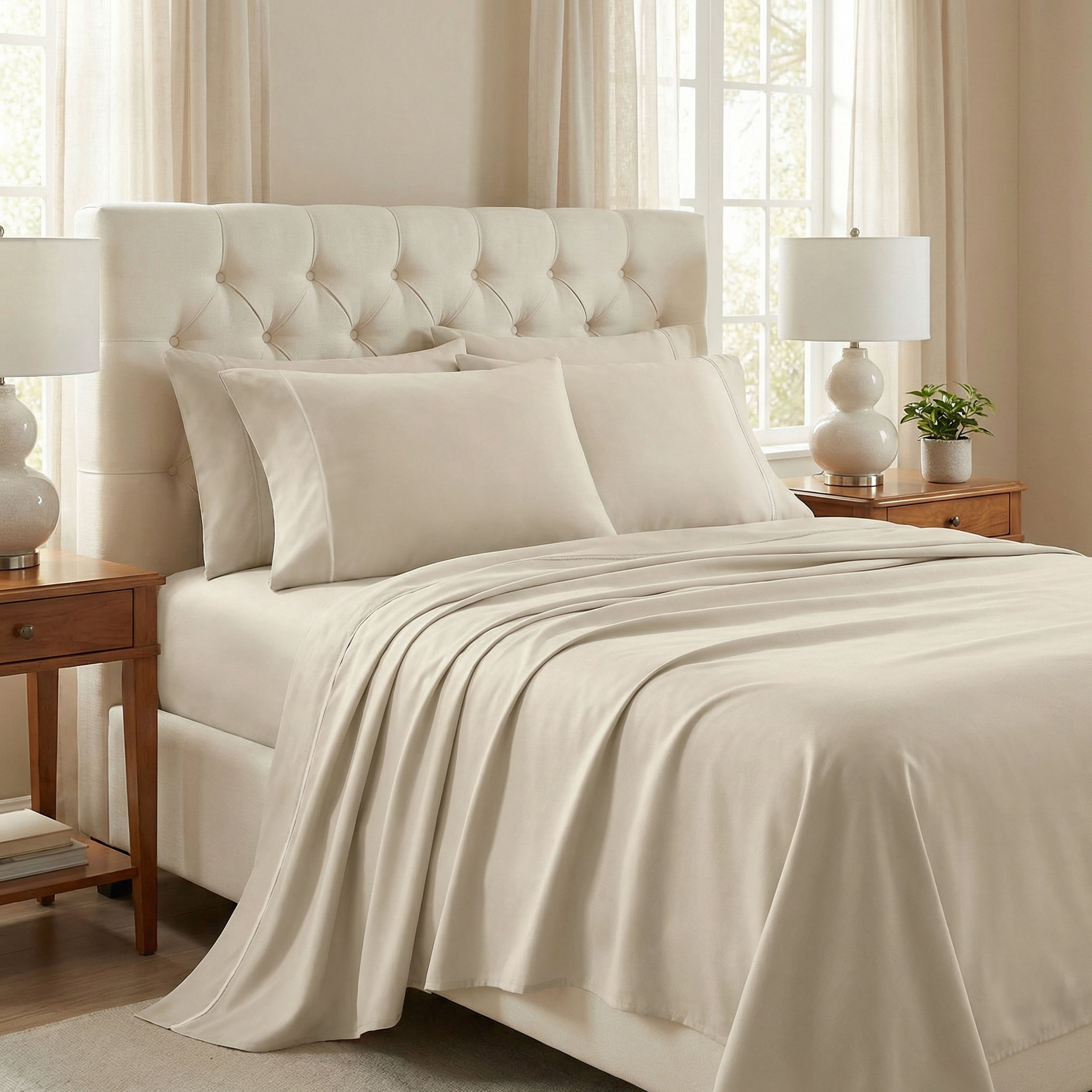Superior Egyptian Cotton Embroidered 1000 TC Deep Pocket Sheet Set, Full, Ivory
