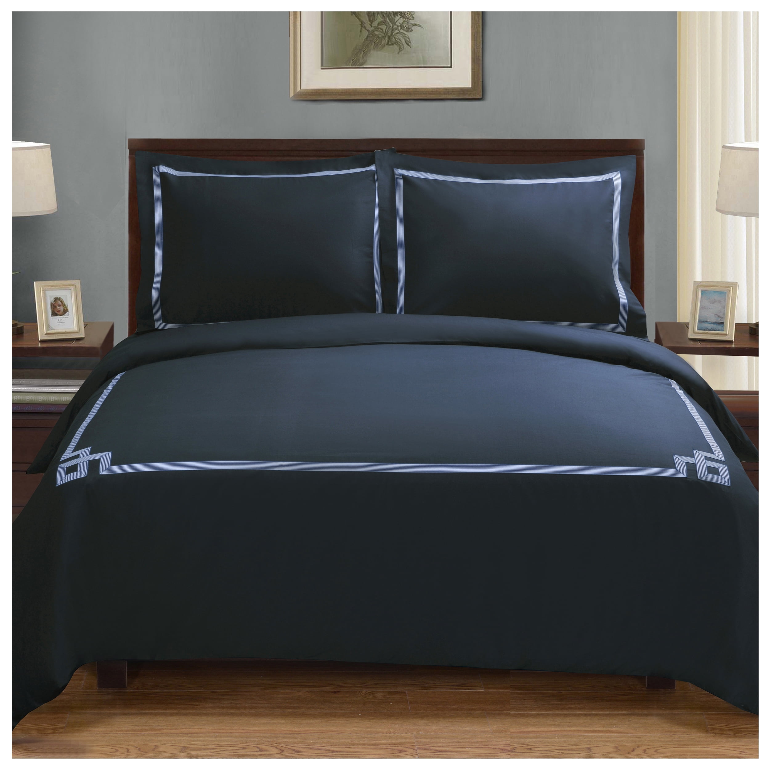 Superior Embroidered Duvet Cover Set, King/ Cal King, Navy Blue