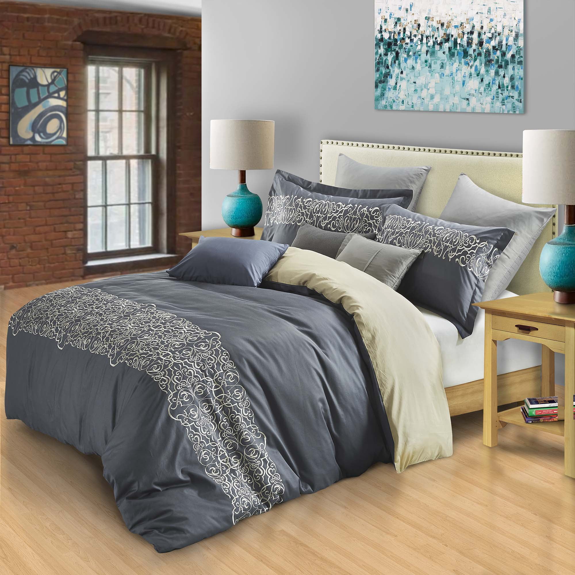 Full/Queen Slate Blue and Cream Cotton Duvet Cover Set