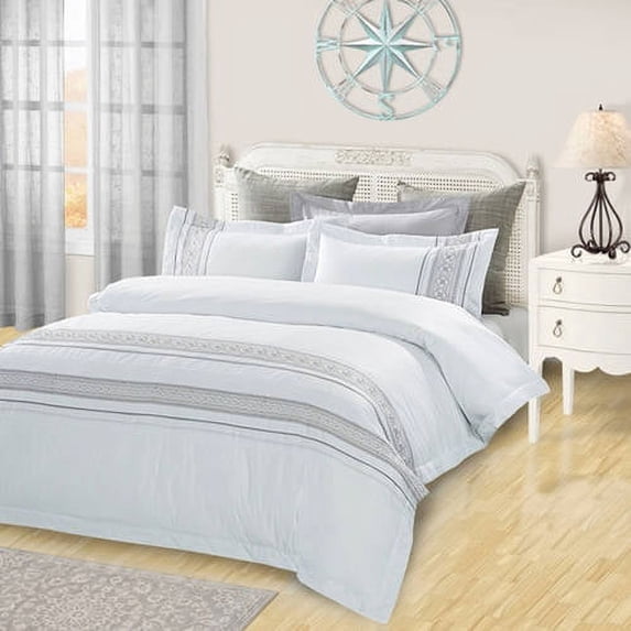 Superior Embroidered Duvet Cover Set, King/ Cal King, White