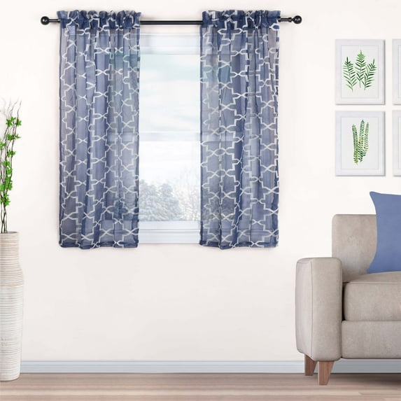 Superior Quatrefoil Embroidered Sheet Rod Pocket Curtain Panel, Set of 2, 26" W x 63" L, Navy Blue