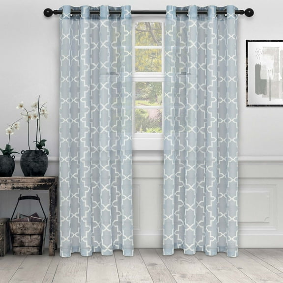 Superior Quatrefoil Embroidered Sheet Grommet Curtain Panel, Set of 2, 42" W x 84" L, Light Blue