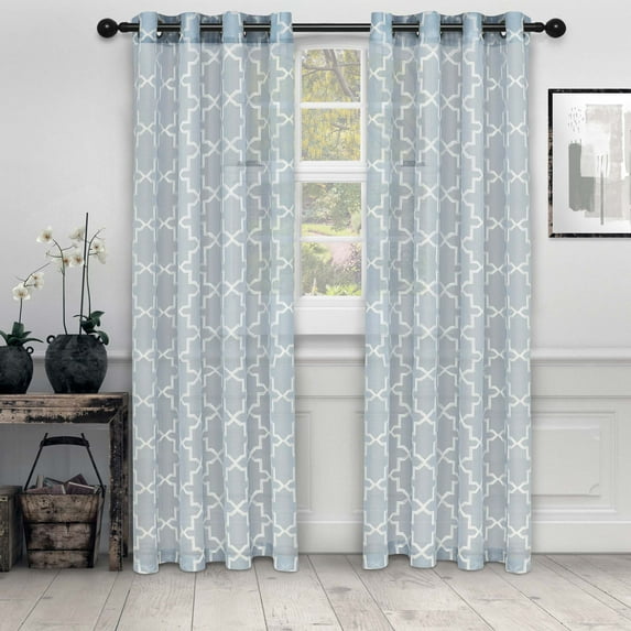 Superior Quatrefoil Embroidered Sheet Grommet Curtain Panel, Set of 2, 52" W x 63" L, Light Blue