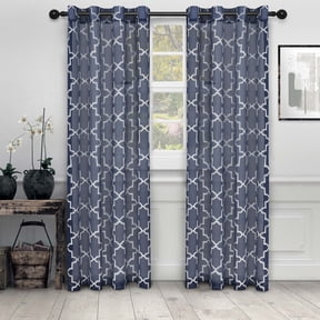 Superior Quatrefoil Embroidered Sheet Grommet Curtain Panel, Set of 2, 52" W x 96" L, Navy Blue