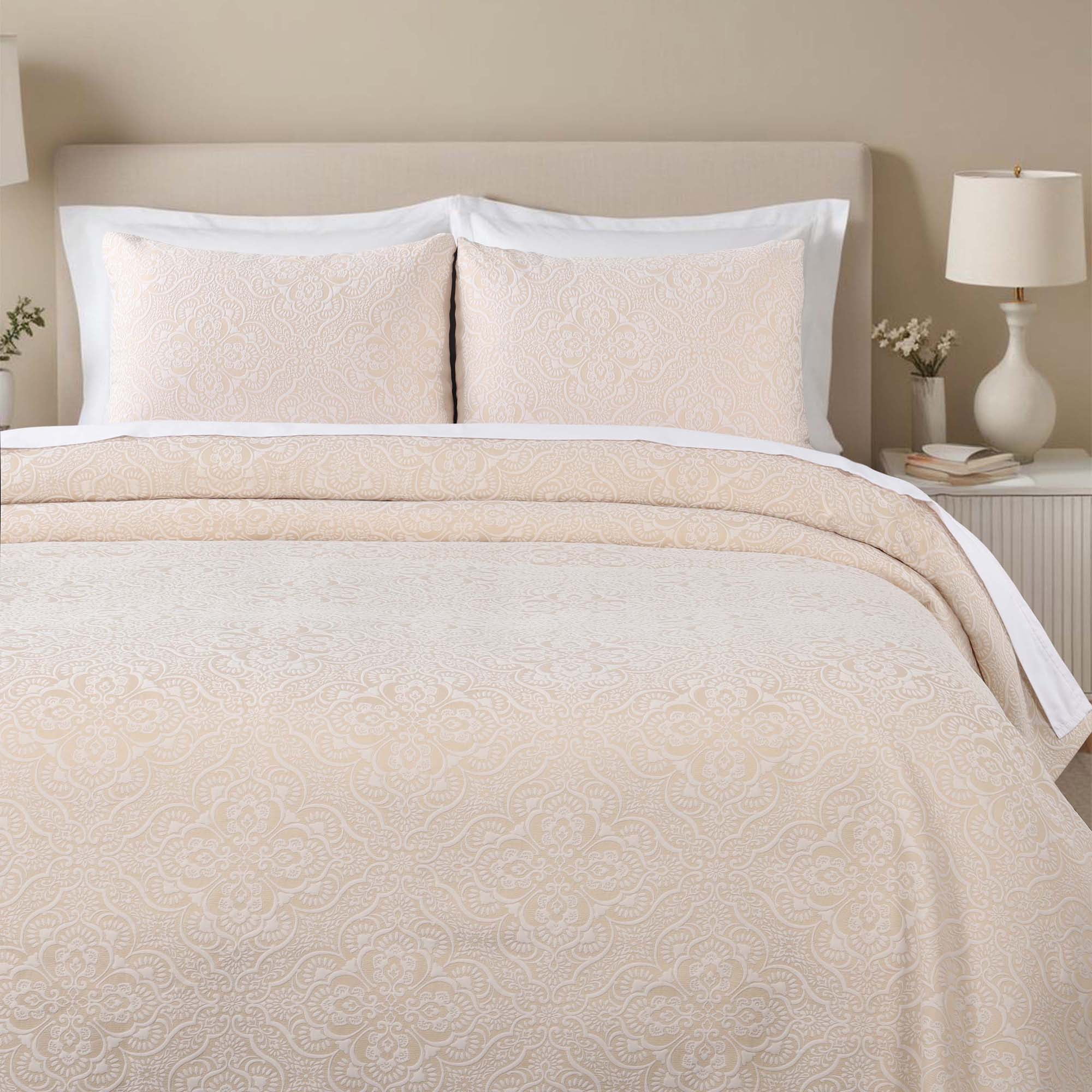 Superior Enzy Floral Matelasse Bedspread and Sham Set, 3-Piece Soft Textured Jacquard Bedspreads, California King, Ivory