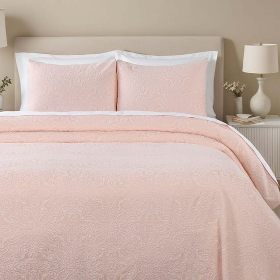 Superior Enzy Floral Matelasse Bedspread and Sham Set, 3-Piece Soft Textured Jacquard Bedspreads, Full, Peach