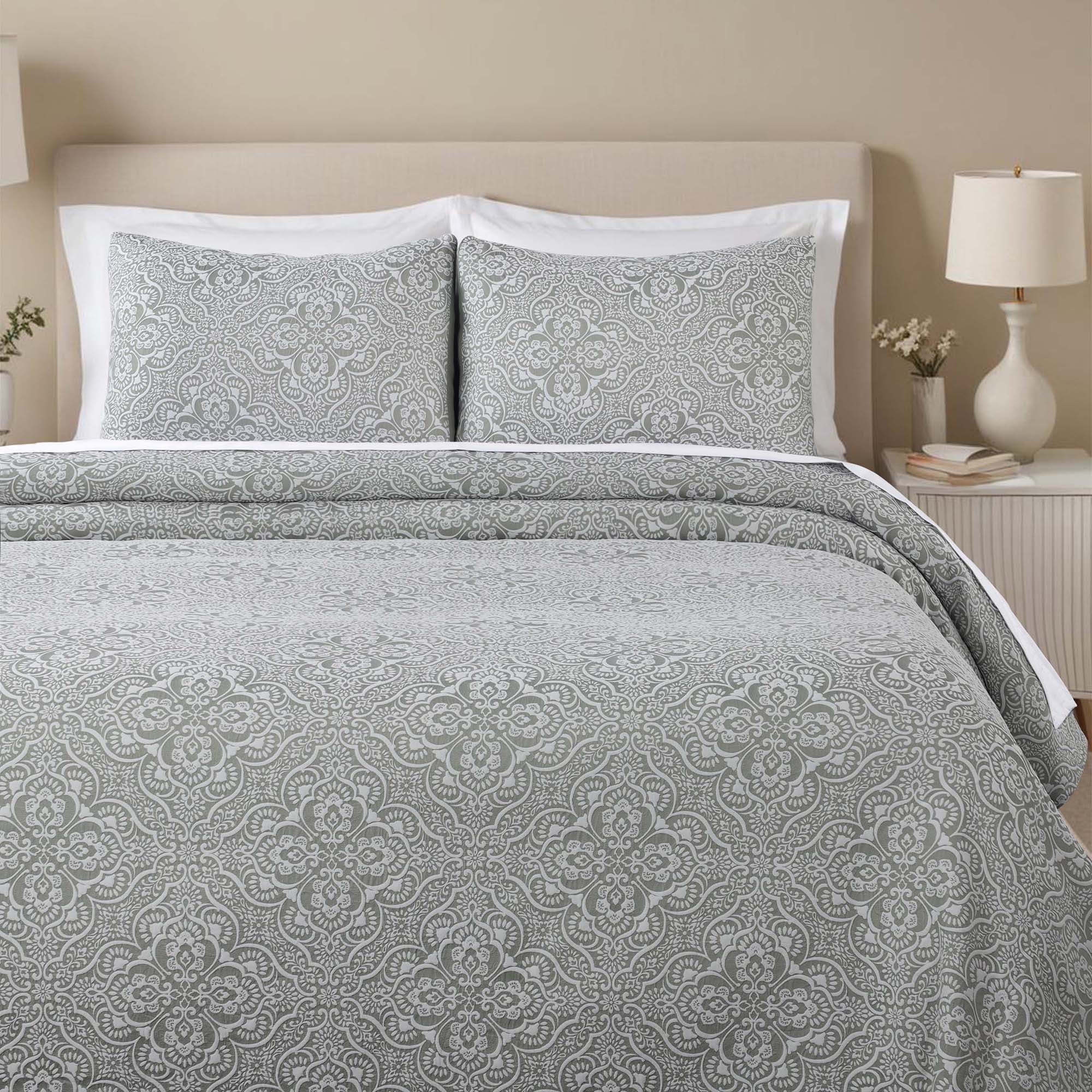 Superior Enzy Floral Matelasse Bedspread and Sham Set, 3-Piece Soft Textured Jacquard Bedspreads, Full, Sage