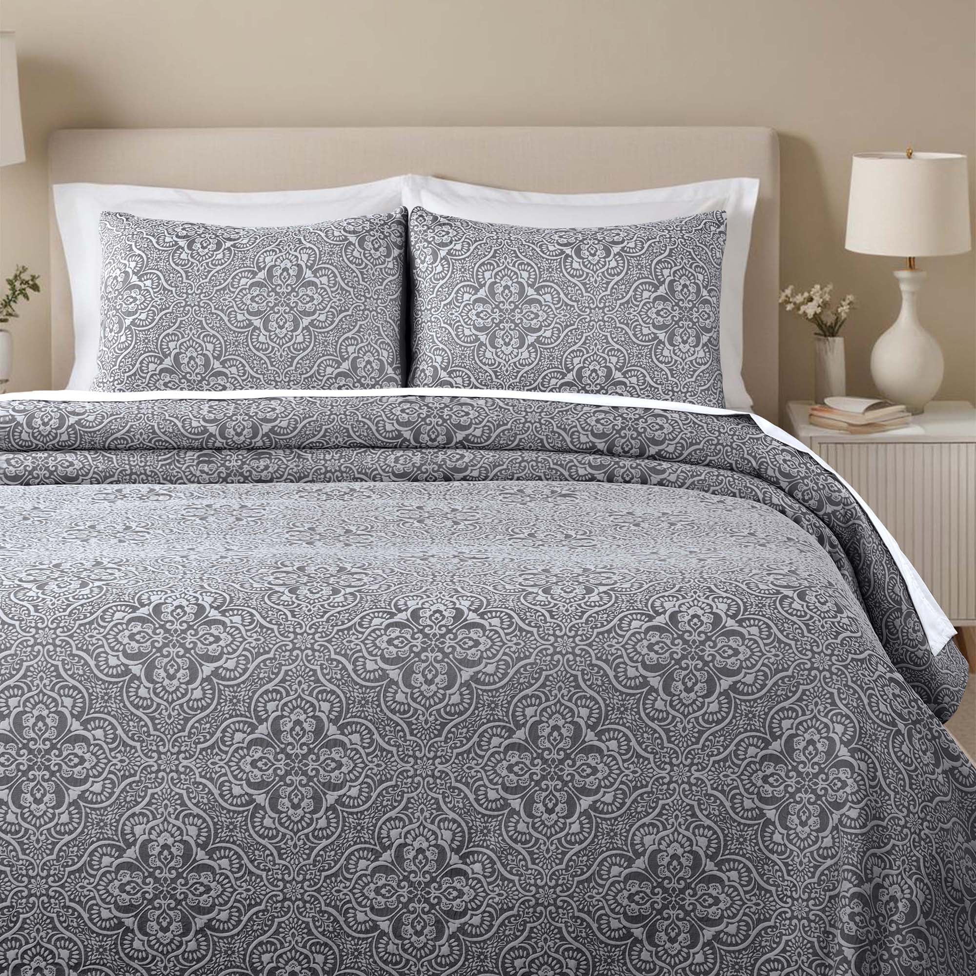 Superior Enzy Floral Matelasse Bedspread and Sham Set, 3-Piece Soft Textured Jacquard Bedspreads, King, Charcoal