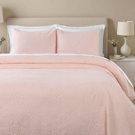 Superior Enzy Floral Matelasse Bedspread and Sham Set, 3-Piece Soft Textured Jacquard Bedspreads, King, Peach