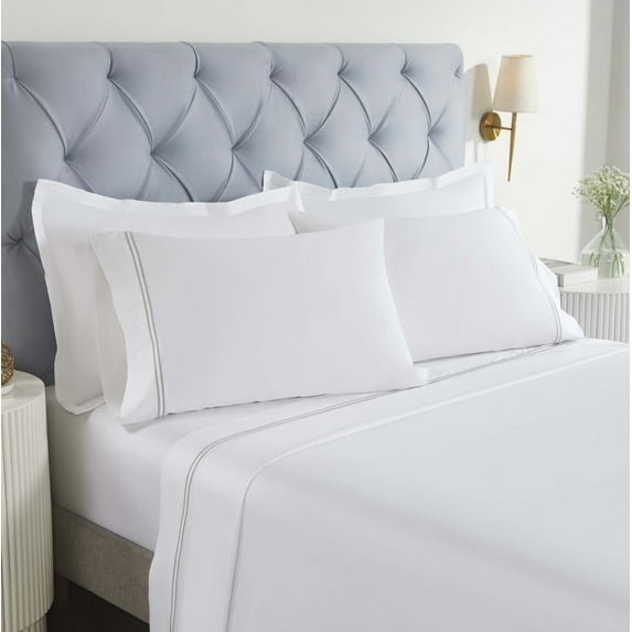 Superior Fieldstone Embroidered Cotton Bed Sheet Set, Full, White/Silver