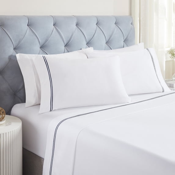 Superior Fieldstone Embroidered Cotton Bed Sheet Set, King, White/Navy Blue