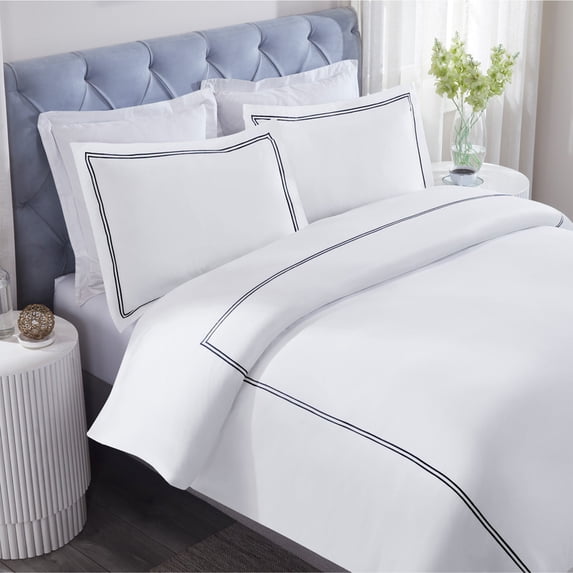 Superior Fieldstone Embroidered Cotton Duvet Cover Set, Full/Queen, White/Navy Blue