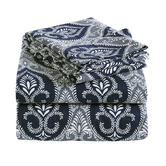 Superior Flannel Sheet Set Fleur De Lis Navy Blue / King