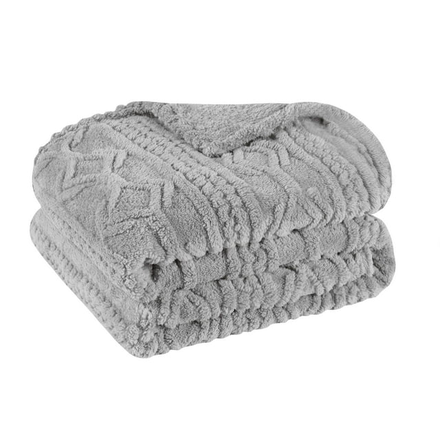 Superior Fleece Boho Knit Jacquard Plush Blanket, Throw, Platinum