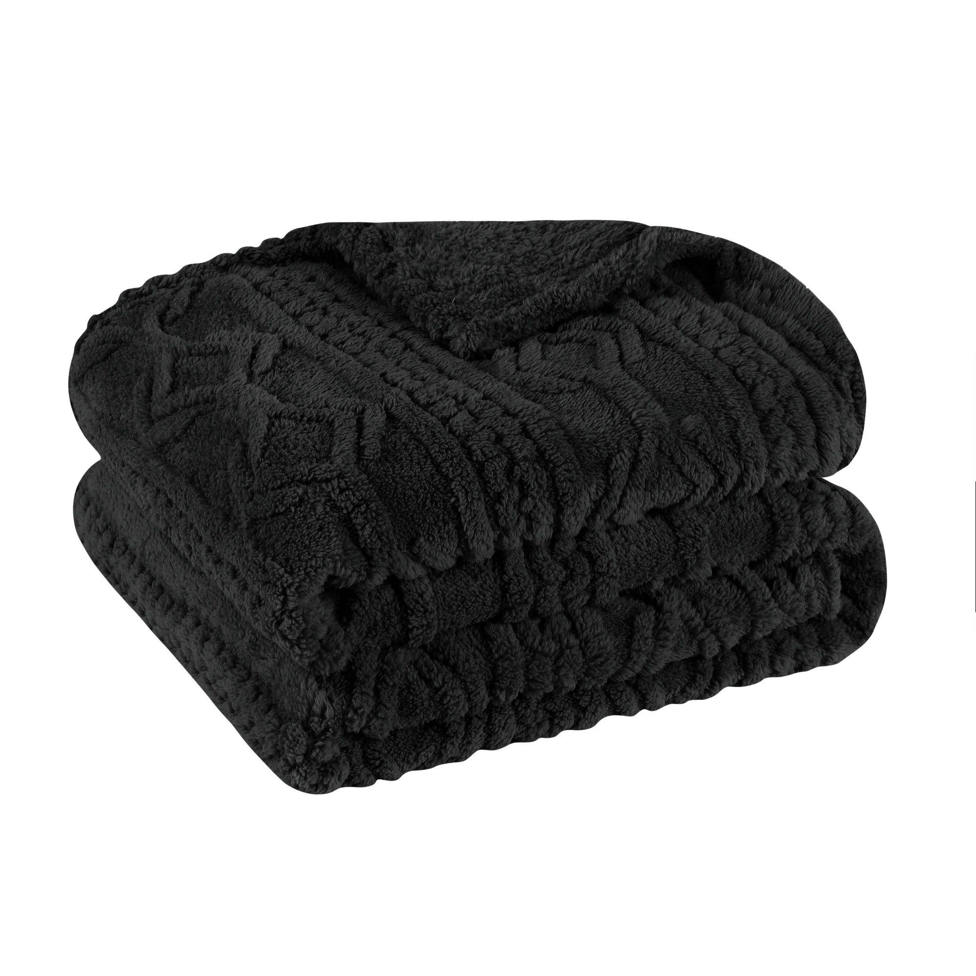 Superior Fleece Boho Knit Jacquard Plush Blanket, Twin, Black
