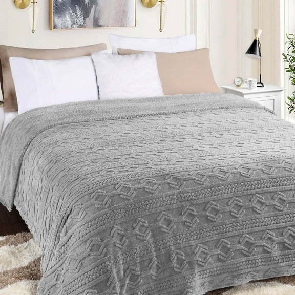 Superior Arctic Fleece Boho Knit Jacquard Blanket, Full/Queen, Platinum
