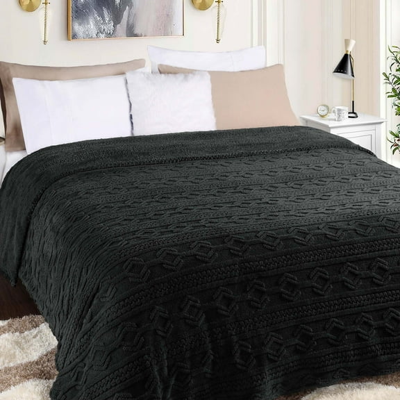 Superior Arctic Fleece Boho Knit Jacquard Blanket, King, Black