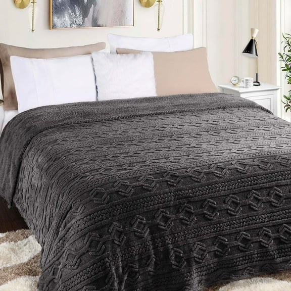 Superior Arctic Fleece Boho Knit Jacquard Blanket, King, Charcoal