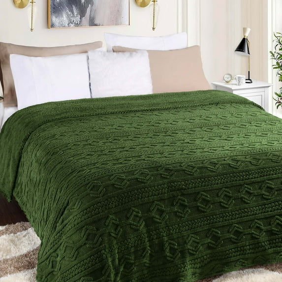 Superior Arctic Fleece Boho Knit Jacquard Blanket, King, Green