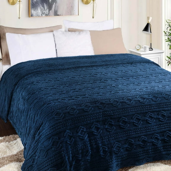 Superior Arctic Fleece Boho Knit Jacquard Blanket, King, Navy Blue