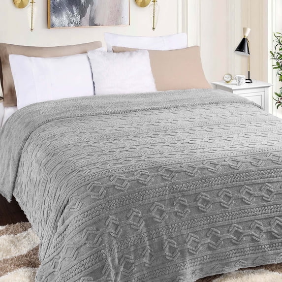 Superior Arctic Fleece Boho Knit Jacquard Blanket, King, Platinum