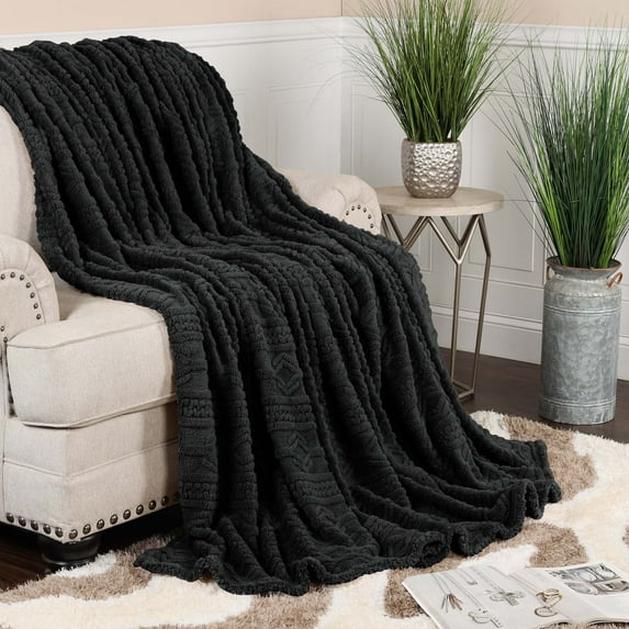 Superior Arctic Fleece Boho Knit Jacquard Blanket, Throw, Black