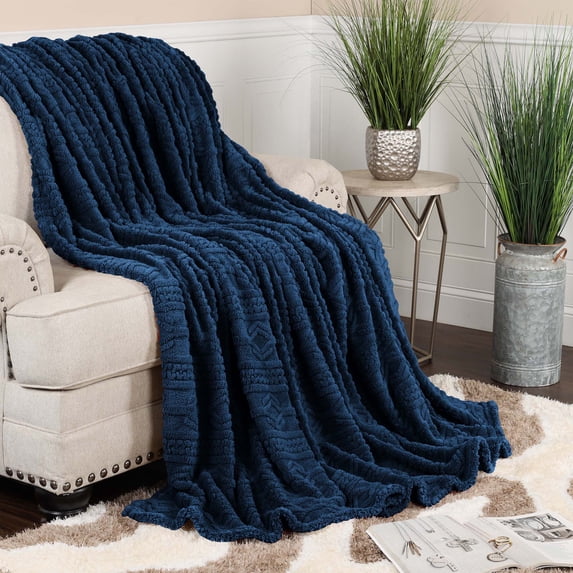 Superior Arctic Fleece Boho Knit Jacquard Blanket, Throw, Navy Blue