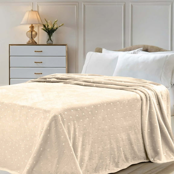 Superior Fleece Plush Fluffy Soft Blanket, Polka Dot All Season Blankets, Full/Queen, Linen
