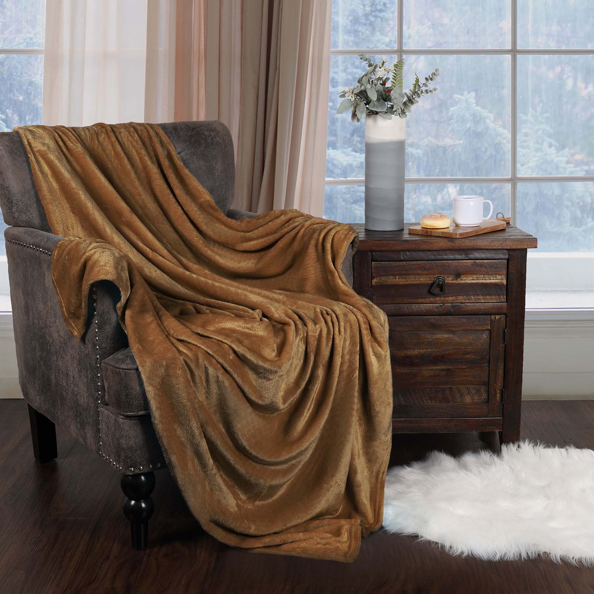 Sepia Solid Microfiber Fleece Reversible Throw Blanket