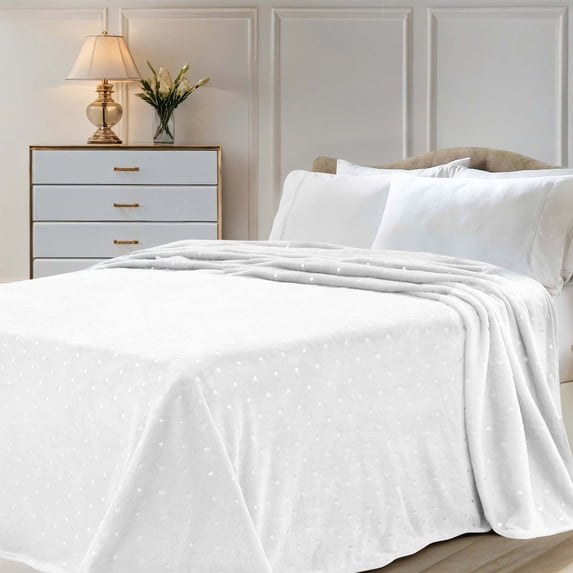 Superior Fleece Plush Fluffy Soft Blanket, Polka Dot All Season Blankets, King, White