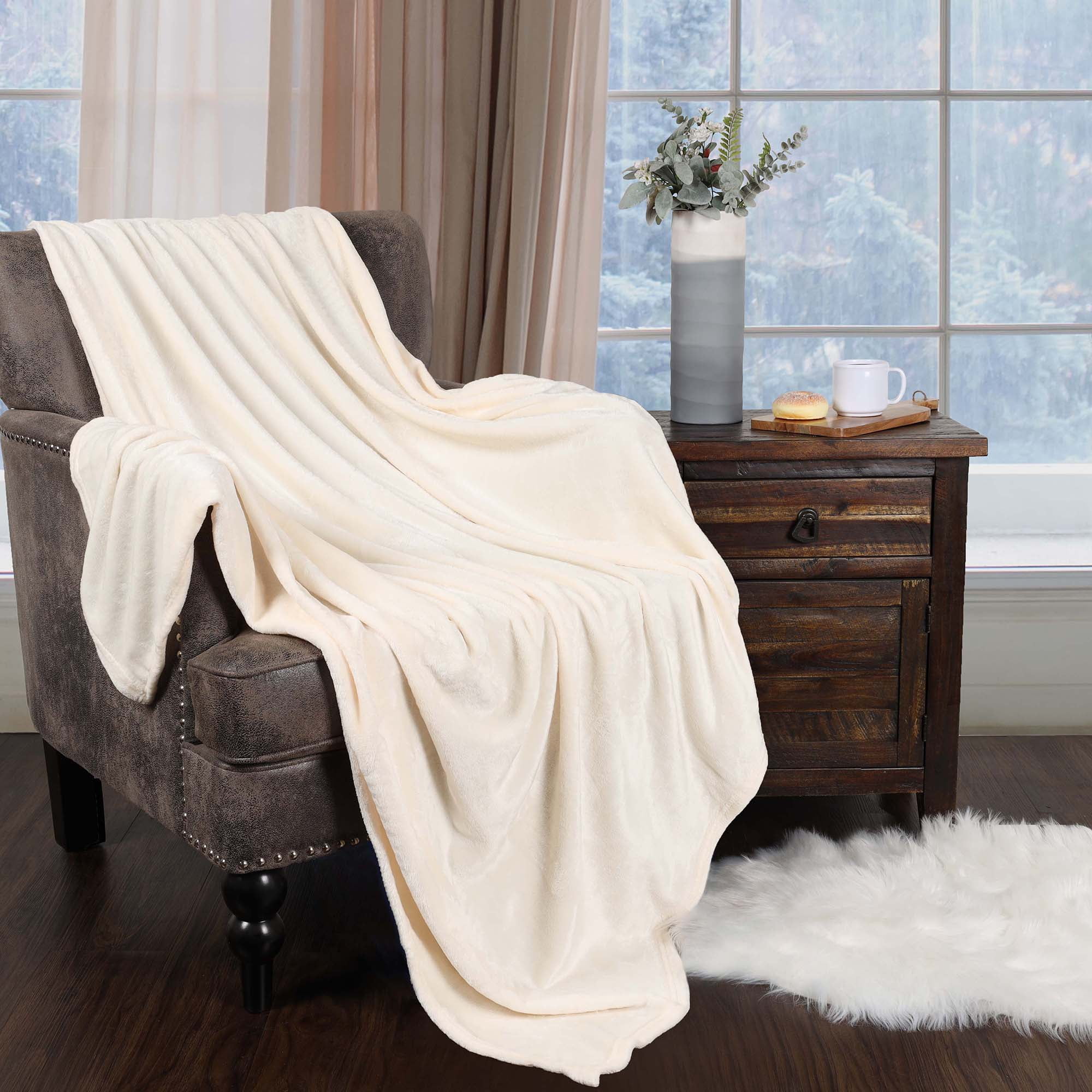 Ivory Solid Fleece Plush Reversible Throw Blanket