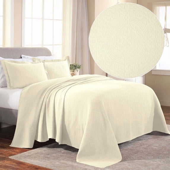 Superior Fleur De Lis Cotton Decorative Bedspread and Sham Set, Full, Ivory