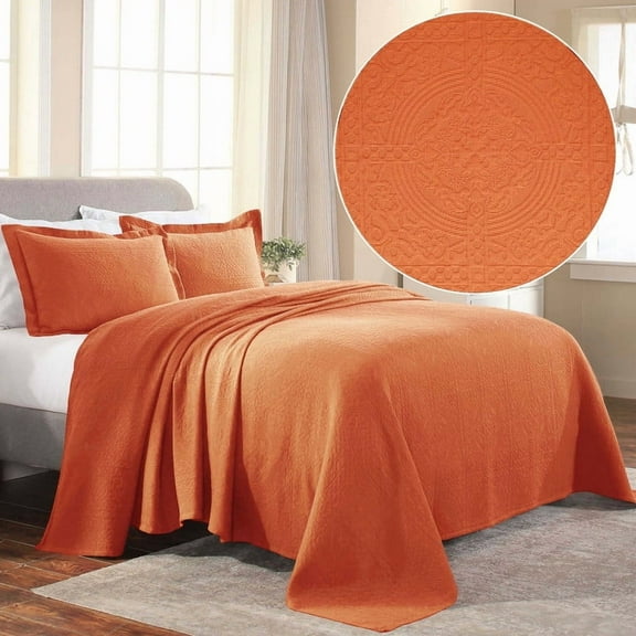 Superior Fleur De Lis Cotton Decorative Bedspread and Sham Set, Full, Mandarin
