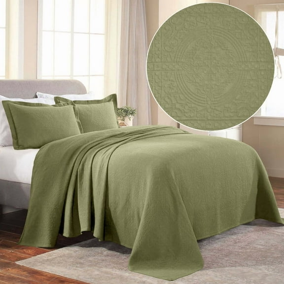 Superior Fleur De Lis Cotton Decorative Bedspread and Sham Set, Full, Sage