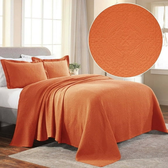 Superior Fleur De Lis Cotton Decorative Bedspread and Sham Set, King, Mandarin