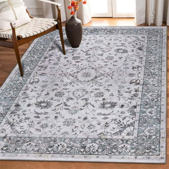 Superior Floral Scroll Border Washable Indoor Area Rug, 10' x 14', Gray
