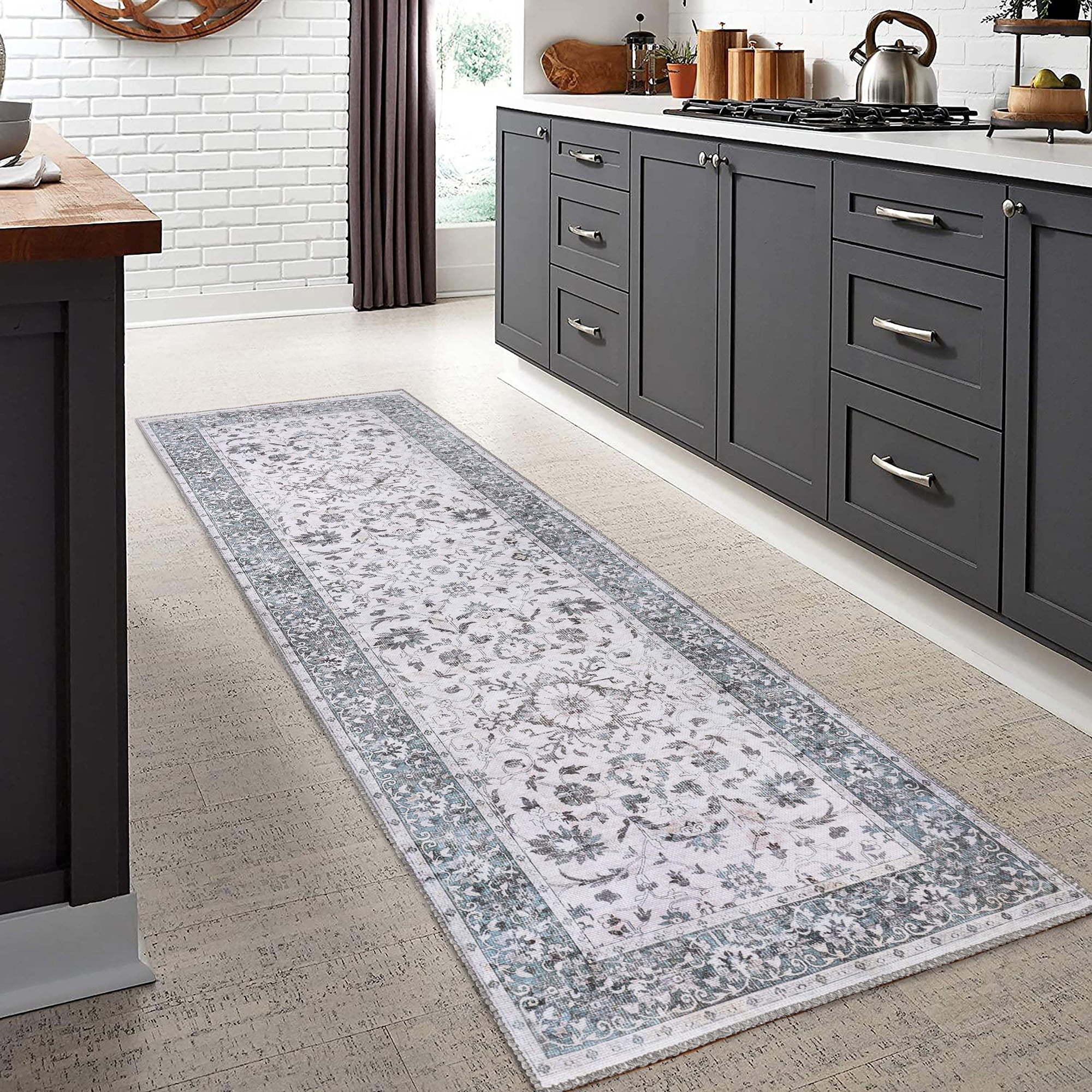 Superior Floral Scroll Border Washable Indoor Area Rug, 2' 6" x 7' 6", Gray
