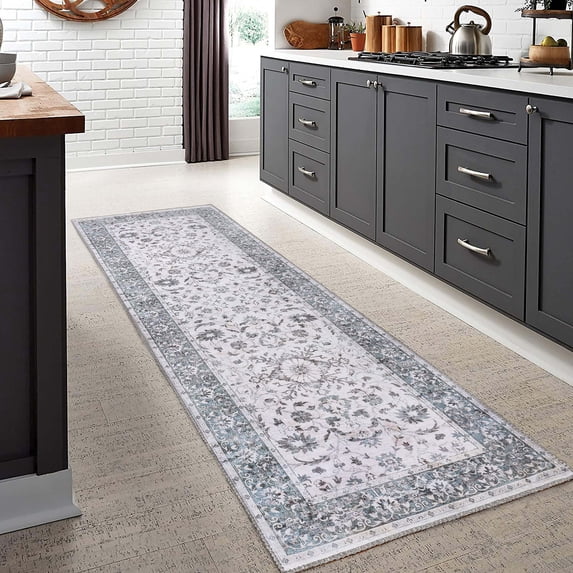 Superior Floral Scroll Border Washable Indoor Area Rug, 2' 6" x 7' 6", Gray