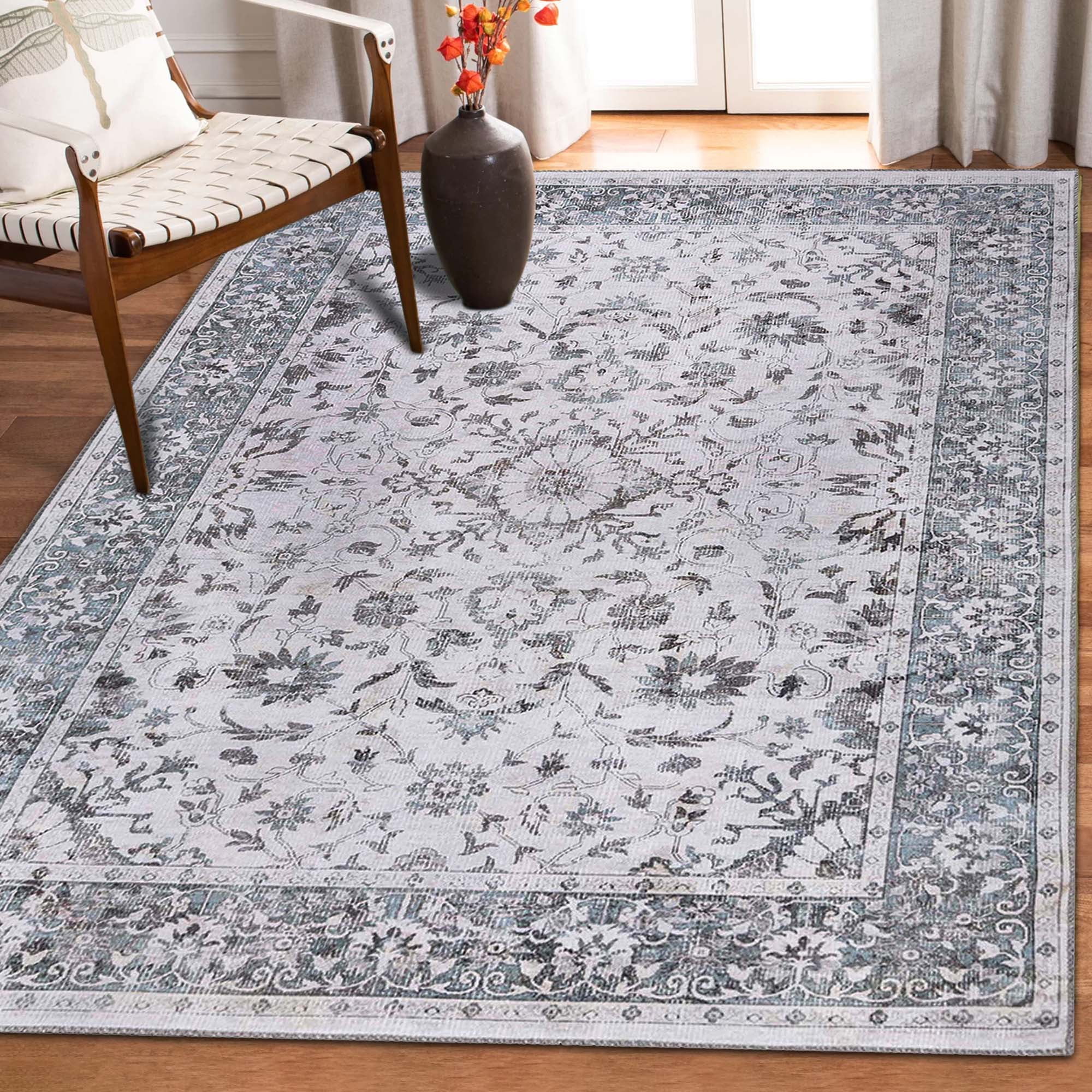 Superior Floral Scroll Border Washable Indoor Area Rug, 3' 6" x 5' 6", Gray