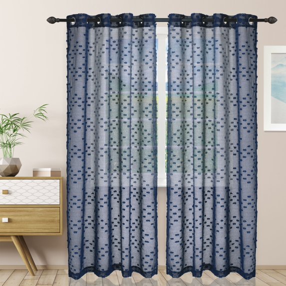 Superior Floral Sheer Curtain Panel 2 Piece Set, 52" x 108", Navy Blue
