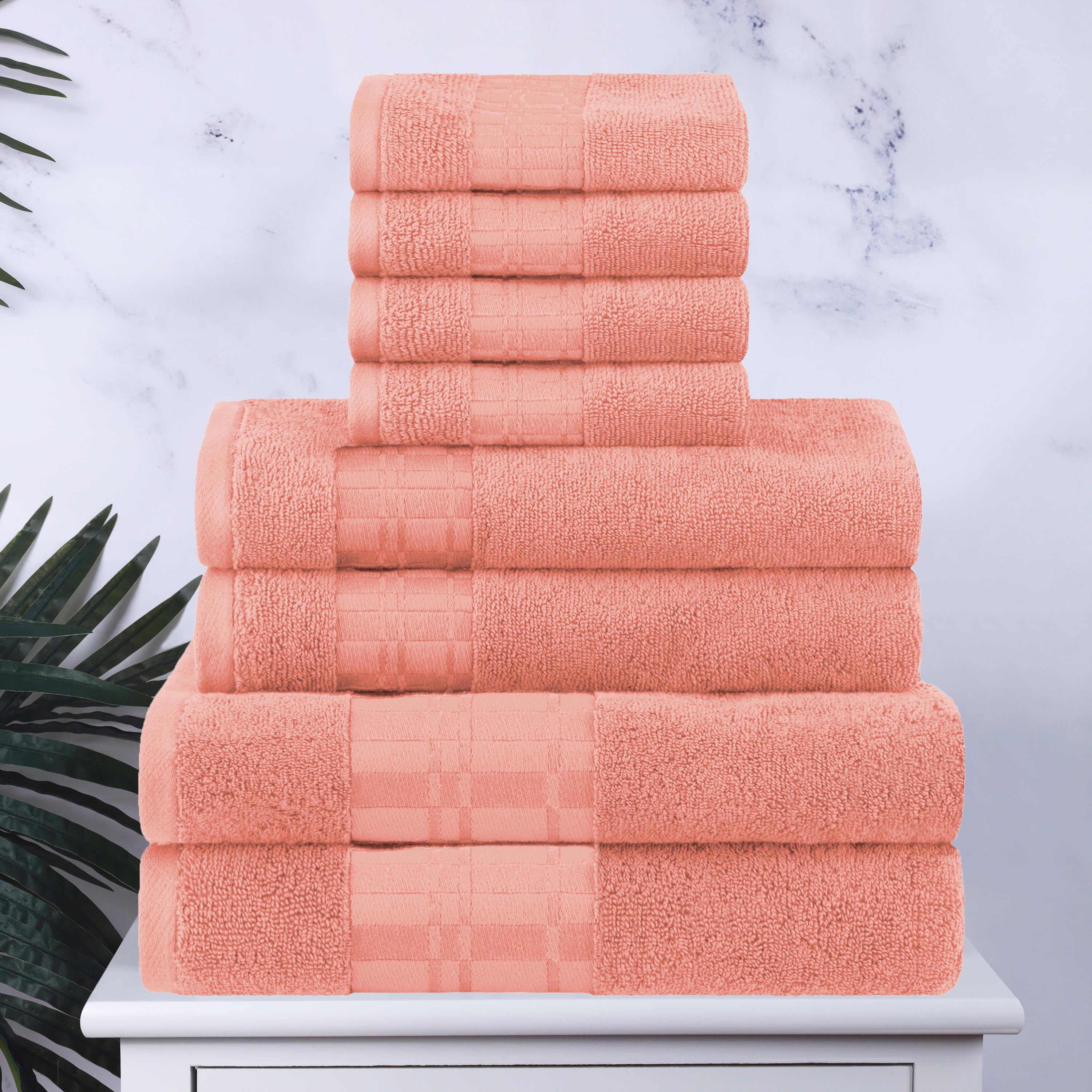 Coral Cotton 8-Piece Geometric Embroidered Towel Set
