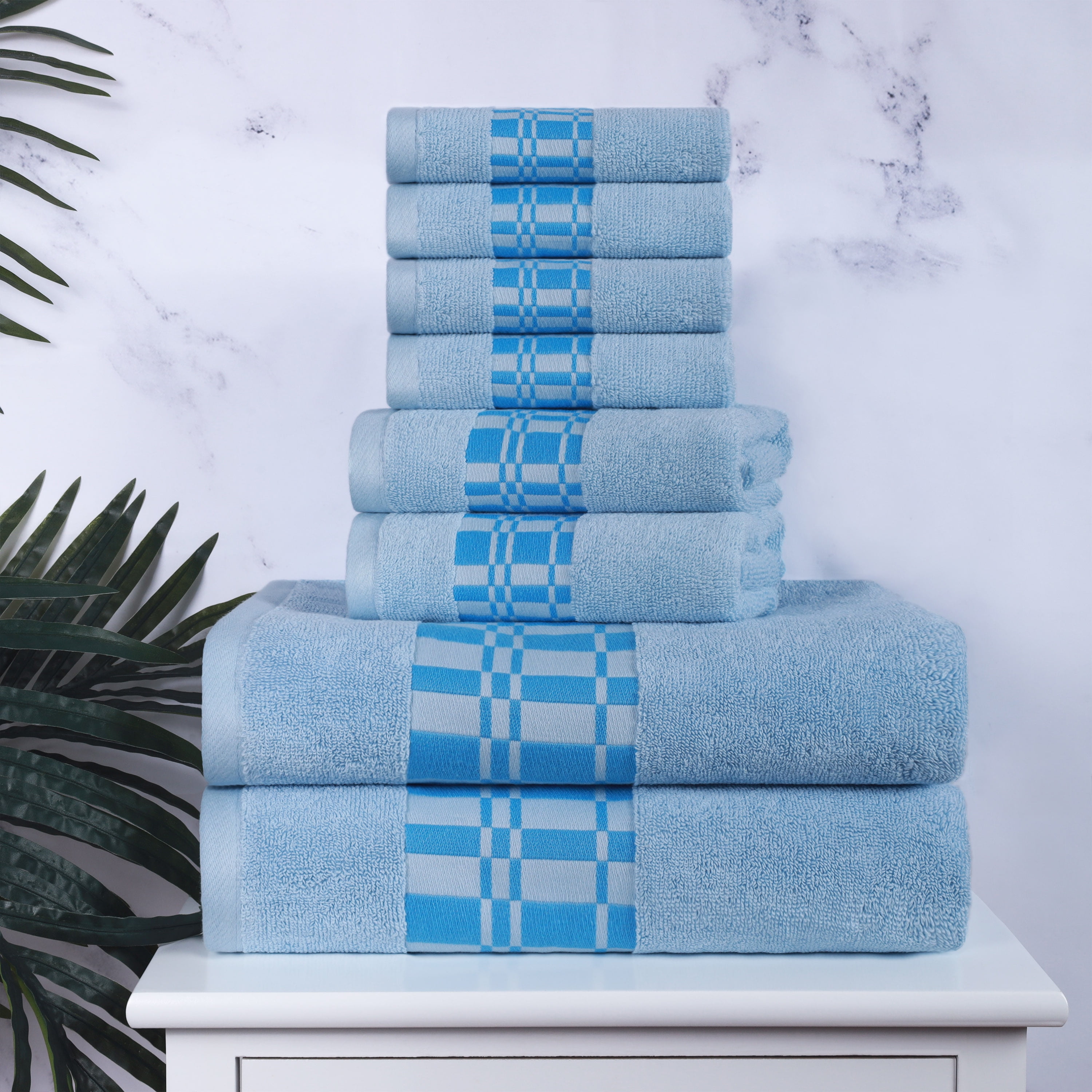 Luxurious Light Blue 8-Piece Cotton Bath Towel Set with Geometric Border