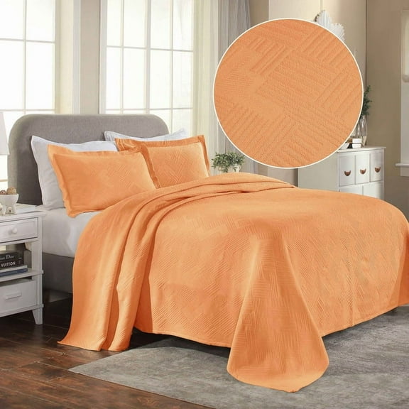Superior Geometric Fret Cotton Decorative Bedspread and Sham Set, Full, Salmon