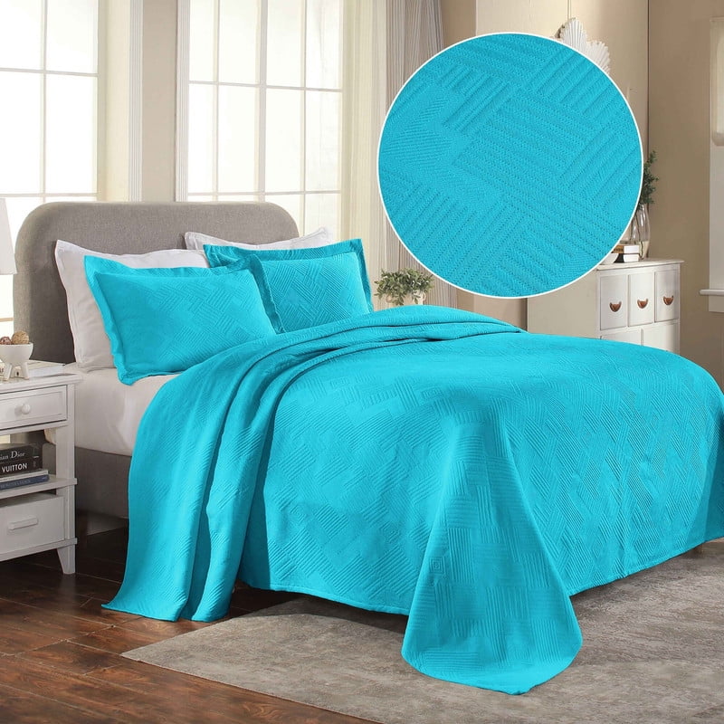 Superior Geometric Fret Cotton Bedspread and Sham Set, 3-Piece Decorative Breathable Bedspreads, Queen, Peacock Blue