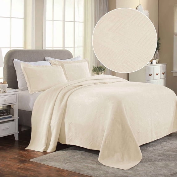 Superior Geometric Fret Cotton Bedspread and Sham Set, 2-Piece Decorative Breathable Bedspreads, Twin, Ivory