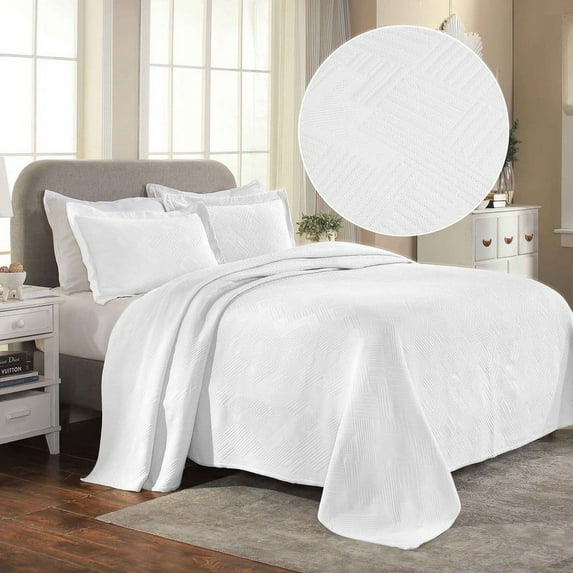 Superior Geometric Fret Cotton Decorative Bedspread and Sham Set, Twin, White